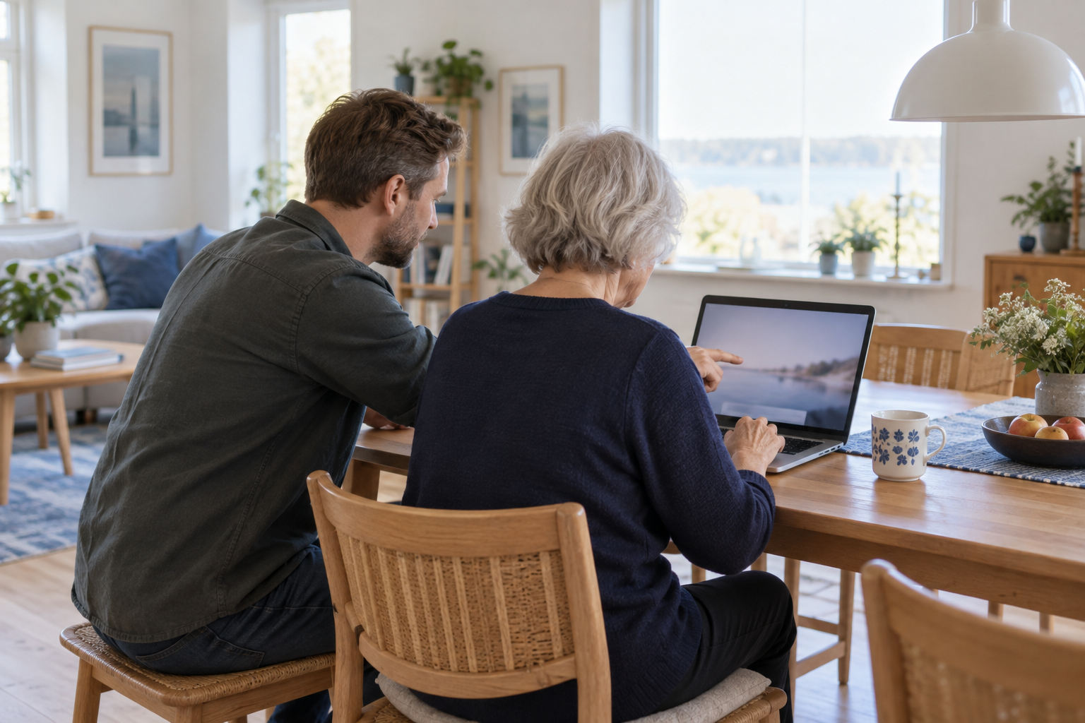 To personer ser sammen på en bærbar computer ved et spisebord